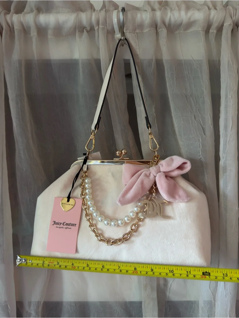 Juicy Couture Cream & Pink Pearl-Trim Satchel with Gold Chain